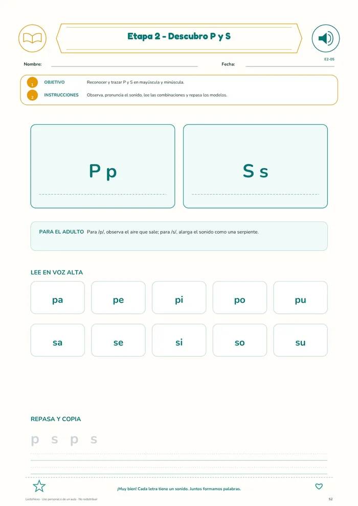 Etapa 2: Descubro P y S — letras y sílabas directas
